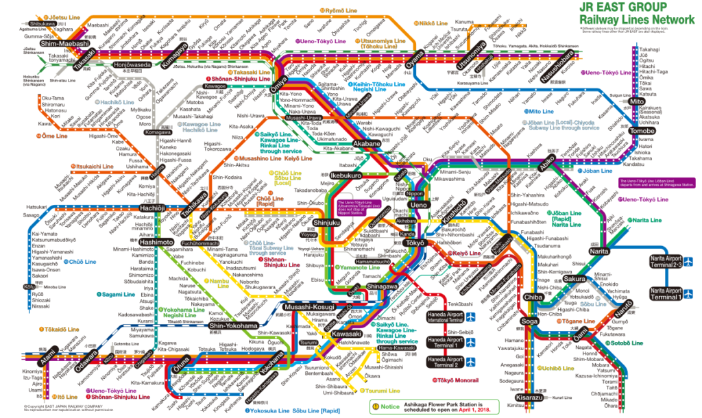 Harta linilor de tansport JR din area Tokyo