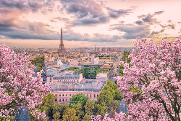 Priveliște panoramică deasupra Parisului primăvara cu copaci cu flori de cireș și Turnul Eiffel.